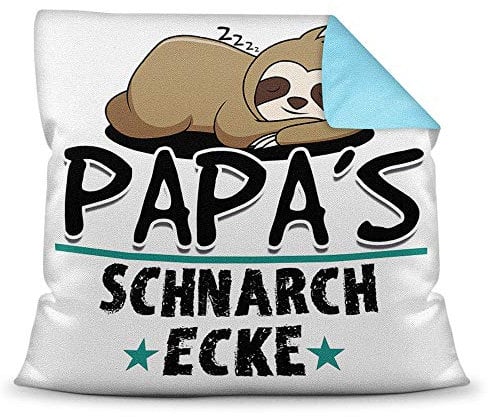 Kuschel-Kissen inkl. Füllung mit Spruch für Papa - Papas Schnarch-Ecke - Bestes Vatertagsgeschenk/Geschenk-Idee Vatertag Geburtstag/Für Väter - Farbkissen Rückseite Hellblau