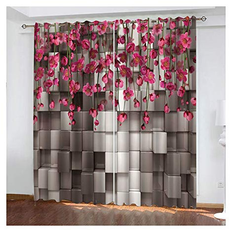 Daesar Schlafzimmer Vorhang Polyester Lang mit Ösen 2er Set, Wand und Blumen Verdunkelungs Vorhänge Kinderzimmer 274x160CM Fenstervorhänge Blickdicht Wohnzimmer Modern Rosa