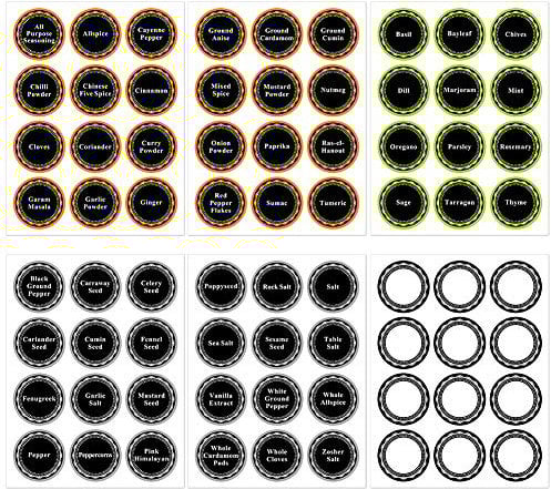 ZAWTR Spice Jar Labels, 72 Pre-printed & Blank Reusable Stickers, Multicolor, Round, 1.5 inch Diameter, Kitchen Pantry Organization