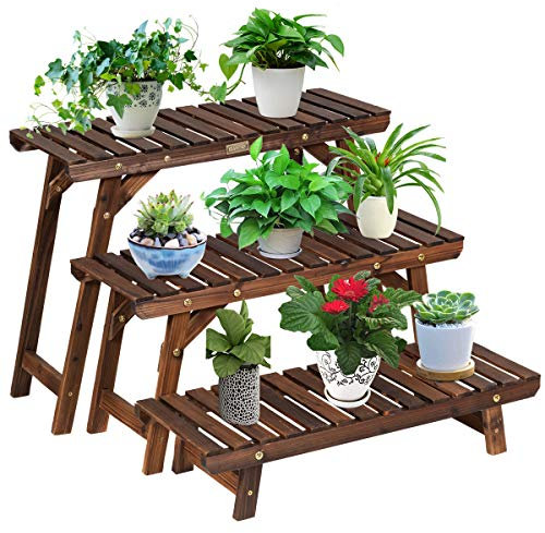COSTWAY Estante de Madera para Plantas, Estante Angular con 3 Niveles Interior y Exterior, Estante Carbonizado de Escalera para Plantas y Flores para Jardín Patio Balcón
