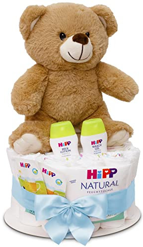 MilaBoo® Blau Windeltorte Junge mit kuscheligen kleinen Teddybär I hochwertiges Neugeborenen Geschenk mit Windeln und Produkten I persönliches Babygeschenk zur Geburt