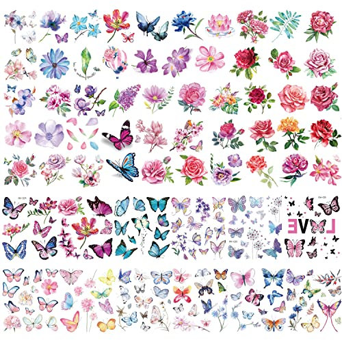 Rosymormor 62/90 Feuilles Papillon Fleurs Éphemere Tatouages pour Femmes Filles, Autocollants Temporaires Tatouage Adulte Corps Art Maquillage Faux Tatouage Fête Anniversaire Halloween Noël (Coloré)