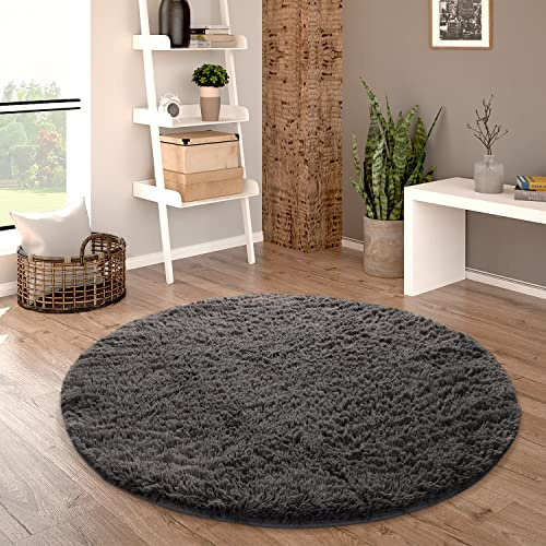 Paco Home Hochflor Teppich Wohnzimmer rutschfest Fellteppich Shaggy Flauschig Weich Modern Kunstfell Fell Imitat Einfarbig, Grösse:200 cm Rund, Farbe:Anthrazit