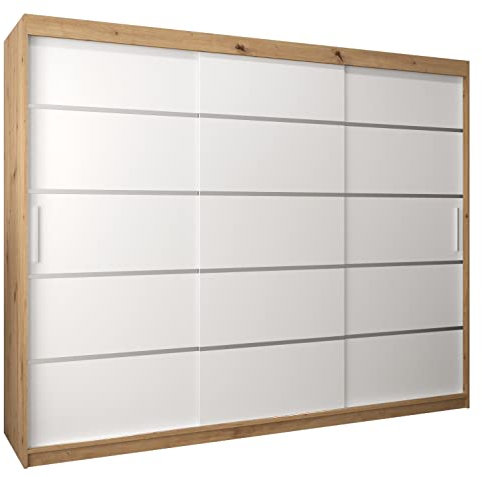 MEBLE KRYSPOL Schwebetürenschrank Verona 1 250 cm Kleiderschrank mit Kleiderstange und Einlegeboden Schlafzimmer- Wohnzimmerschrank Schiebetüren Modern Design (Schubladen: 0, Artisan Eiche + Weiß)