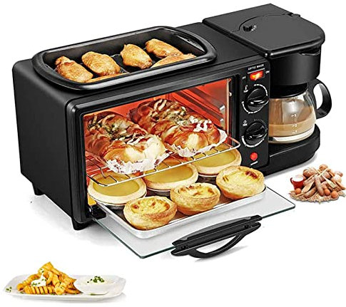 Estación De Desayuno, Horno Multifuncional, Máquina De Desayuno Doméstica Eléctrica 3 En 1 con Cafetera Y Plancha para El Desayuno Familiar Cena De Té De La Tarde, Negro