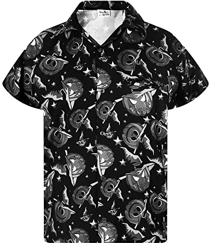 King Kameha Funky Hawaiihemd Herren Kurzarm Fronttasche Hawaii-Print Halloween Kürbis Grusel Funky Pumpkin Prints