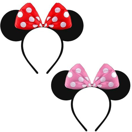 HD Novelty 2 Pieces Black Mickey Mouse Ears & Minnie Mouse Ears on Alice Band with Red and White Polkadot Spotted Bow for Adults/Children Fancy Dress Costume Head Band Accessory Party Decoration Gift