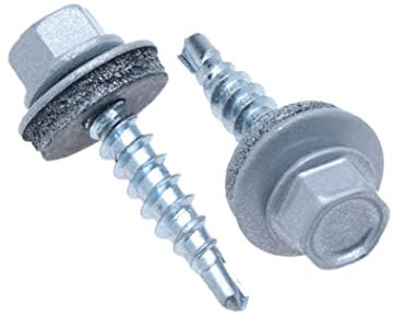 4.8 mm x 25 mm Dachschrauben, Sechskantkopf Selbstbohrend Mehrfarbig (RAL 9006 Weißaluminium) Schrauben mit versiegelter EPDM-Unterlegscheibe, rostfreie, Verzinkte, Gehärtete (50 Stück)