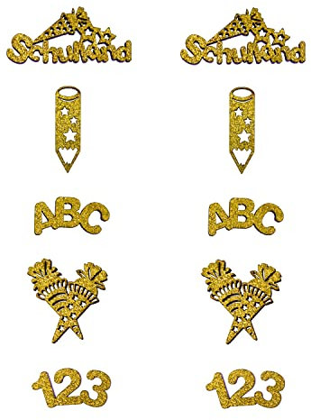 Oblique Unique® Schulkind Holz Konfetti Glitzernd mit Zahlen ABC Stift Zuckertüte Motiv für Schuleinführung Einschulung Schulanfang Jungs und Mädchen Streudeko Tischdeko (Gold)