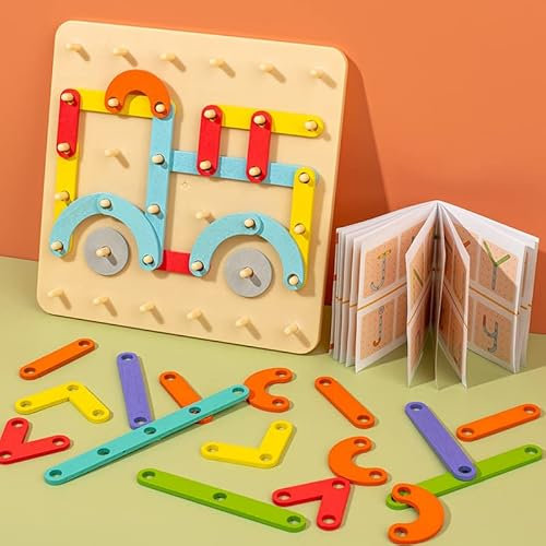 Holzpuzzle Montessori Spielzeug Holz Geoboard Geometriebrett Lernspiele Peg Board Kinder Spielen, Form Puzzle mit Muster Karten, Weihnachten Geschenk für Mädchen Jungen ab 3+