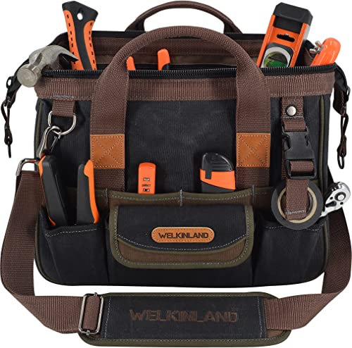 WELKINLAND 30-Pockets Canvas tool bag, 14-Inch Heavy Duty Waxed bags heavy duty, Tool duffel, Lineman Electrician for electricians,Tool men duty Black/Brown/Olive