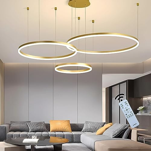 J.SUNUN LED Pendelleuchte Moderne Golden 3-Ring Separate Installation Kronleuchter Wohnzimmerlamp 75W Dimmbar Deckenbeleuchtung Für Schlafzimmer Wohnzimmer Esszimmer 40×60×80CM