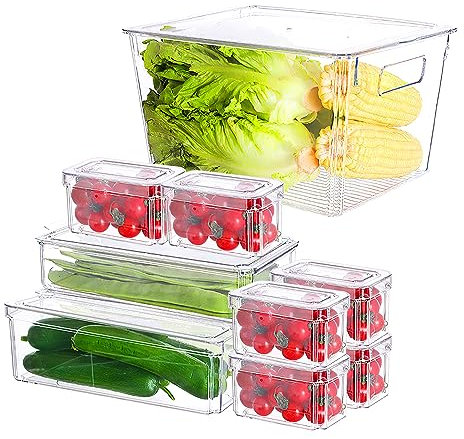 SBUENAM Kühlschrank Organizer Set, 10er Set Ordnungsboxen Kühlschrank mit Deckel, Durchsichtig Stapelbare Aufbewahrungsbox,Obst Gemüse Aufbewahrungsboxen für Küche, Kühlschrank-BPA frei