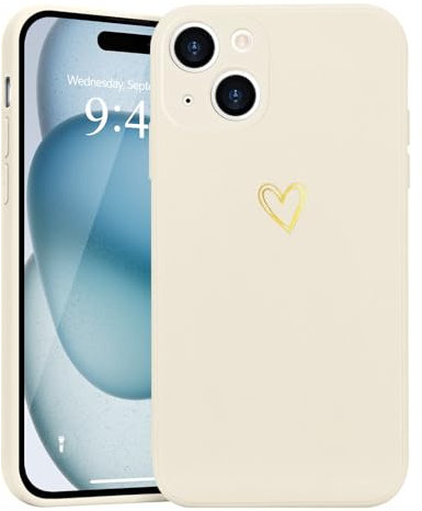 Wirvyuer for iPhone 15 Case Cute Heart Pattern Soft Shockproof Protective Silicone Phone Case for Women Girls, Beige