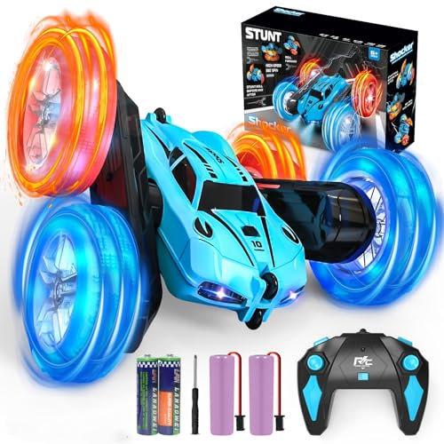 PANACARE Ferngesteuertes 360° Stunt Auto, 2.4Ghz RC Auto Doppelseitig mit Fernbedienungn/Radlichtern/4 Batterien/Licht, 360° Flip Auto, 4WD Off Road Auto Kinderspielzeug Geschenk ab 3456789 Junge