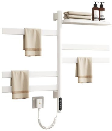 Porte-Serviettes Pivotant avec Plateau Supérieur, Sèche-Serviettes Rotatif, Support De Séchage Mural, Chauffe-Serviettes en Acier Inoxydable 5 Barres avec Minuterie Intégrée,Blanc