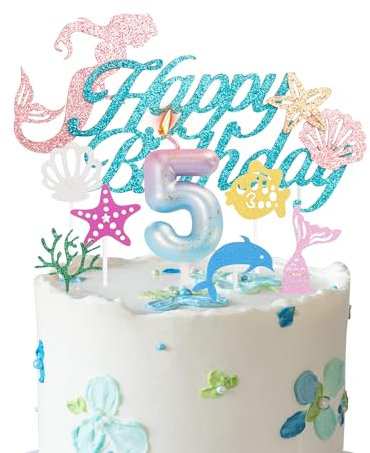 Mermaid Cake Toppers 5th Birthday Candle for Girl Birthday - Gradient Blue Pink Number 5 Candle for Birthday Cake, Mermaid Theme 5th Birthday Party Cake Toppers Decorations for Girl Age 5
