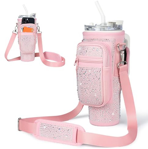 Cinica Bling Diamond Water Bottle Carrying Bag for Stanley 40 oz with Card Holder/Phone Pocket,Neoprene Water Bottle Holder Pouch with Adjustable Strap for Stanley Cup Accessories (Pink)
