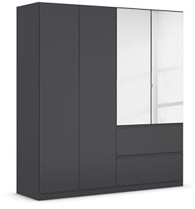 Rauch Möbel Costa, Drehtürenschrank, Kleiderschrank, 4-türig, 2 Spiegeltüren, 2 Schubkästen, Grau-metallic, Schwarz, Push-to-Open, Griffprofil grau-metallic, 181x197x54 cm