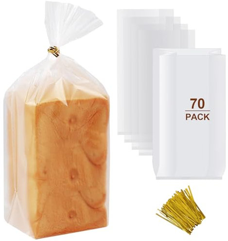 vivinin Lot de 70 sacs à pain et 100 attaches – Sacs à pain transparents réutilisables en plastique pour boulangers, propriétaires de boulangerie – 20,3 x 10,2 x 45,7 cm