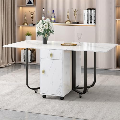 Merax Mobiler Klapptisch, Klappbarer Esstisch mit Rollen, Klapptisch mit Aufschrank und 2-Schubladen, vielseitiger Esszimmertische für Esszimmer Küche kleine Räume, Platzsparender, Weiß & Schwarz