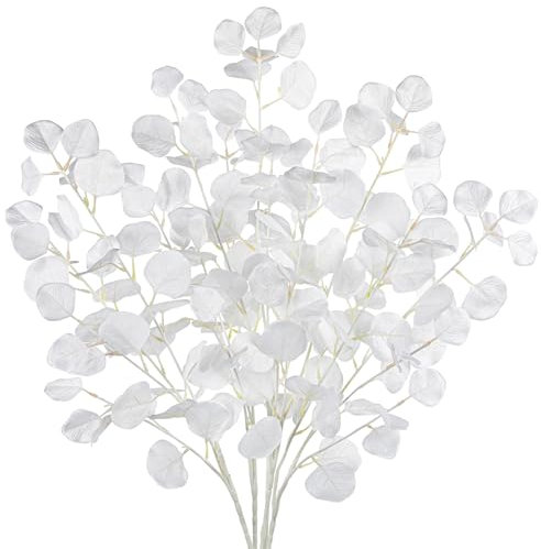 Hollyone 5 Stück Eukalyptus Blätter Weiß Kunstpflanzen Eukalyptus Stiele 82CM Lang Silber Dollar Blätter Kunstzweige Deko Gefälschte Eukalyptus Zweige für Vase Party Hochzeit Heimdeko