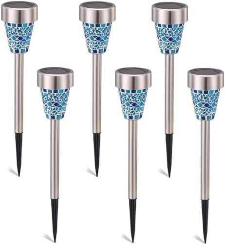 SUAVER Mosaik Solarleuchte, Wasserdichte Solar Gartenleuchte Bodenleuchte Außen Garten Licht,Edelstahl Außenleuchte Solarlampe Dämmerungsschalter Perfekt für Garten, Balkon und Terrasse (6pcs Blau)