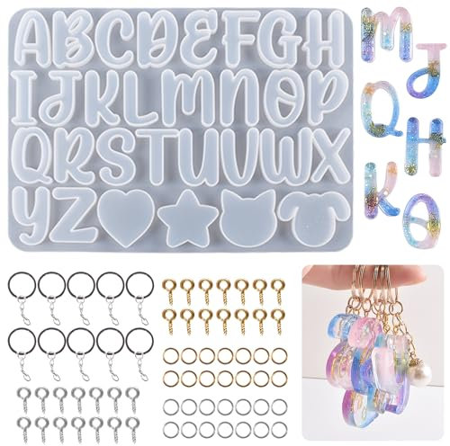 Bekecidi 111 Stück Silikon Alphabet Harz Formen, Schlüsselanhänger Set, Buchstaben Silikonformen für Harzguss, Epoxidharz Formen Schmuckherstellung Buchstaben Schmuck Anhänger Gießform DIY Basteln