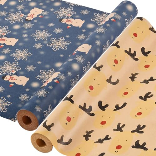 AhfuLife 2 Rouleau Kraft Papier Cadeau de Noël, 43cm×15m Recyclable Papier d'Emballage pour Enfant Emballage des Cadeaux de Noël, Décoration de Fête (L: Bonhomme de Neige Bleu/Reindeers)