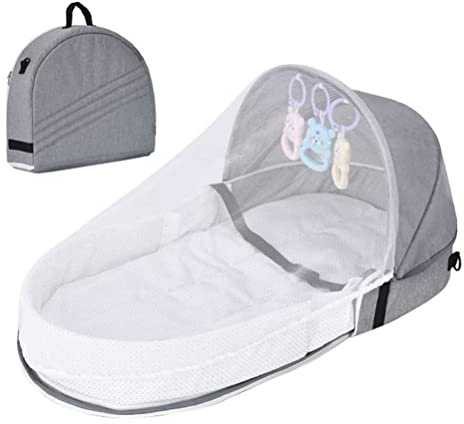 Babybett, Baby-Reisebett mit Moskitonetz und Markise, Tragbares Babybett, Wickeltasche, Faltbares Babybett mit Moskitonetz, Kuscheliges Nest, Babybett (Grau)