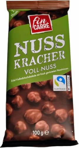 FIN CARRE - Nuss Krache Voll Nuss - Tablette de Chocolat Noir 32% Cacao avec Noix Entières, Dégustation Gourmande et Croustillante - 100g