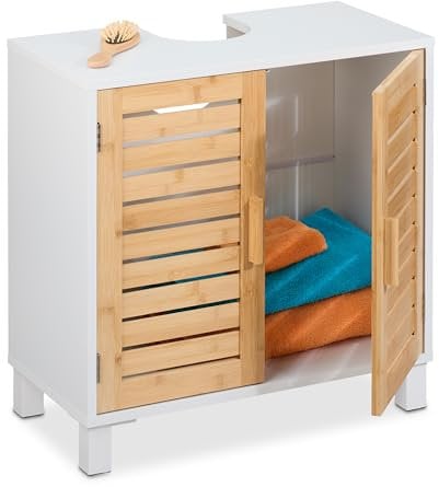 Relaxdays Meuble sous-lavabo avec 2 Portes, HxLxP : 60x60x32 cm, Bambou & MDF, Rangement Salle de Bain, Blanc - Nature