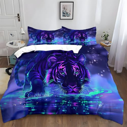XCQHZYQ Bettbezug 155x220 cm Lila Tiger Tier Fantasie Bettwäsche-Sets Polyester Baumwolle Weiche Bettwäsche für Jugendliche Kinder Einzelbett Doppelbett Schlafzimmer Dekor