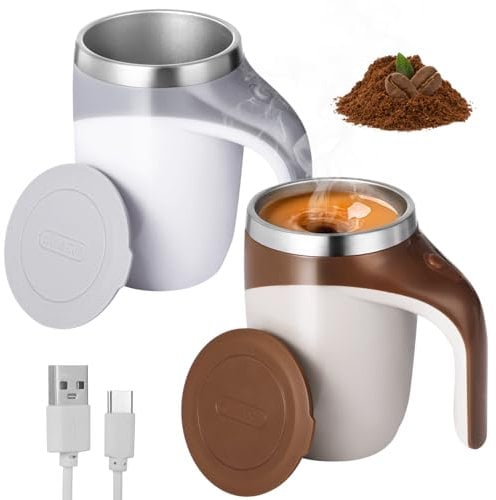 SWEWARM Self Stirring Coffee Mug, 2 Pcs Automatic Magnetic Travel Stirring Mug, 13.3oz Rechargeable Electric Mixing Cups, 304 Stainless Steel Rotating Travel Cups (White+Brown)