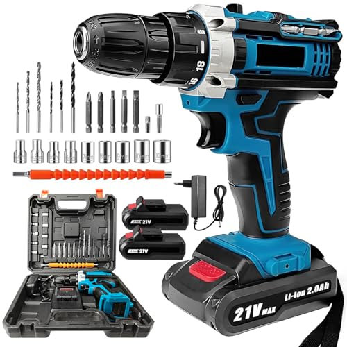 Perceuse Visseuse Sans Fil 21V, Visseuse Devisseuse Sans Fil avec 2 Batterie, 32Nm Perceuse Électrique, 24 Accessoires, 2 Vitesses, LED, Perceuse-Visseuse pour la Bricolage