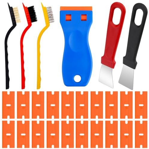 Cleaning Scraper Tool Non Scratch, 1Pcs Plastic Scraper with 20 Spare Replacement, 2Pcs Oven Scraper Tool and 3Pcs Brass Nylon Brush for Removing Label Wall Paper and Stove Pan Kitchen Cleaning