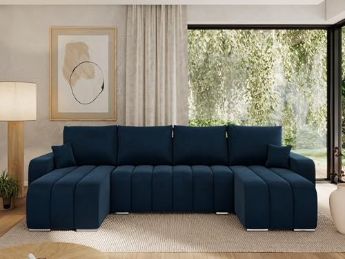 MKS MEBLE Sofa mit Schlaffunktion - Ecksofa mit Schlaffunktion und Bettkasten - Sofa 3 4 5 Sitzer - Schlafsofa - Couch - Schlafsofa mit Bettkasten - Kirasso U -Dunkelblau Velvet