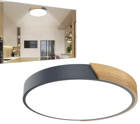 UISEBRT Deckenlampe LED Deckenleuchte Holz,Rund Leuchte Decke,60W Kaltweiß 6000K-6500K Moderne Flachlampe für Wohnzimmer,Schlafzimmer,Badezimmer,Küche,Flur,kinderzimmer,Büro,Grau