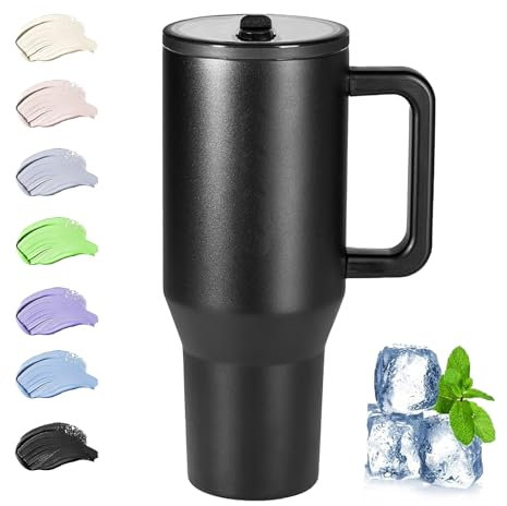 Thermobecher mit Strohhalm und Henkel, 40oz/ 1200ml Kaffeebecher to go Thermo, 100% Auslaufsicher Edelstahl Isolierbecher | Flip-Strohhalm Deckel | Spülmaschinenfest | BPA Frei (Schwarz)