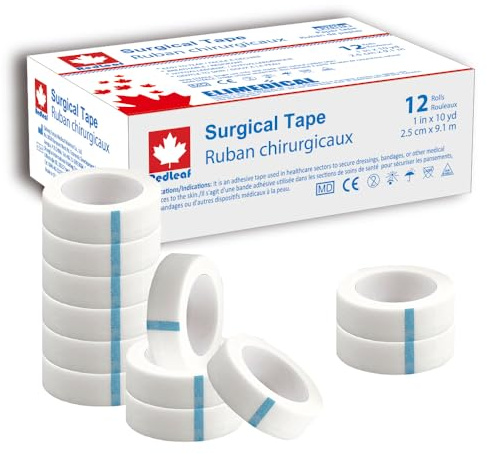REDLEAF Cinta quirúrgica de papel, cinta adhesiva médica transpirable para primeros auxilios y apósitos para heridas. (2,5cm x 9,1m - 12 rollos)