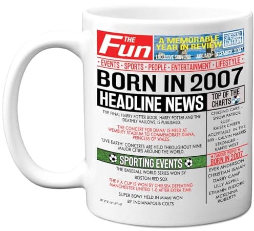 Stuff4 18th Birthday Mug Gift for Men Women - Born in 2007 Newspaper - Happy 18 Birthday Gifts for Son Daughter Cousin Vintage Retro Back in 2007 Age Eighteen Bday, 11oz Ceramic Coffee Mugs