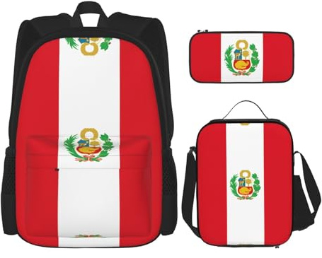 WZYCWB Campus Rettungsrucksack-Set mit Flagge von Peru (3-teilig) – Schultasche + Federmäppchen + Lunchtasche, erfüllt alle täglichen Bedürfnisse von Schülern. Schwarz, Einheitsgröße, Schwarz