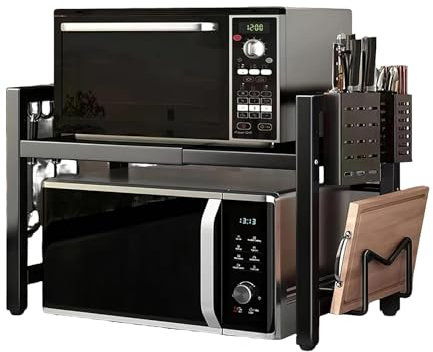 Spalivivre Estantería extensible para microondas de 2 niveles, de acero al carbono, con soporte para palillos y soporte para tablas de cortar, extensible de 40 a 64 cm, color negro