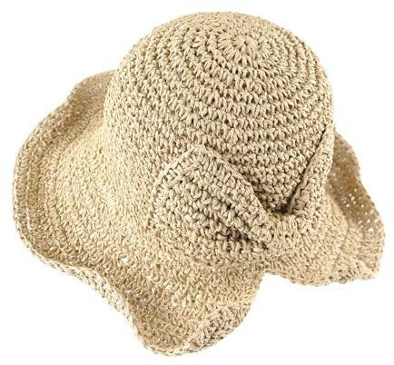 Andiker Women Straw Hat with Bow-Knot, Floppy Wide Brim Sun Cap Foldable Sun Hat UV Protection for Vacation Holiday Outdoor Beach (Beige)