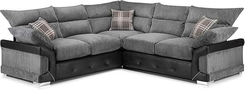Big Corner Sofa - Logan 3+2 Seater Sofa Set - Jumbo Cord Fabric Couch with Faux Leather - High Back Cushions Settee - Comfortable Foam Seated Cushion for Living Room Furniture Lounge (2C2)