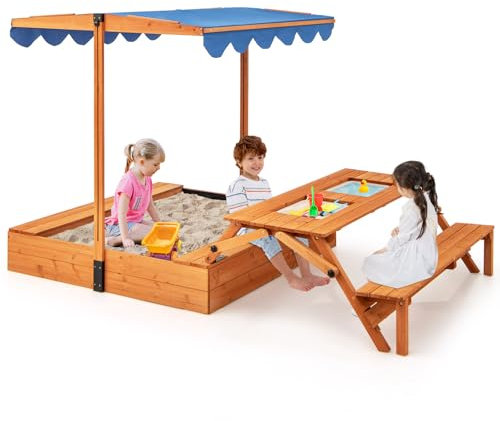 COSTWAY Sandkasten mit Klappbarer Sitzbank & Picknicktisch, 120x120 cm Sandbox mit Verstellbares Sonnendach & 2 Waschbecken, Deckel & Plane, 3 in 1 Sandkiste Holz für Kinder ab 3 Jahren