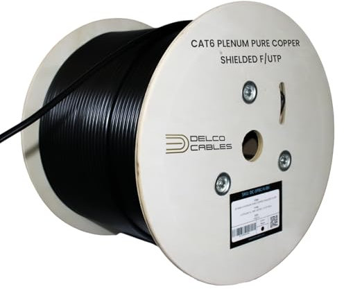 Cat6 Plenum Shielded Ethernet Cable 1000ft – F/UTP 23AWG Solid Bare Copper, CMP Rated, 550MHz, ETL Listed – Fire-Resistant Jacket, High-Speed Network Wire on Wooden Reel