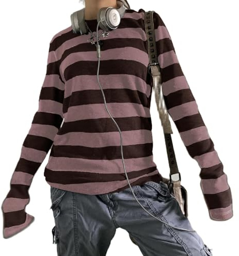 YYDSTYLE Women's Long Sleeve Crewneck Striped T-Shirt Oversized Grunge Goth Emo Casual Top (Red Brown Stripes, M)