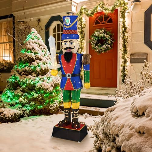 GOPLUS 184 CM Nutcracker Casse Noisette Noel Lumineux avec Épée, Décoration Noel Exterieure avec 110 Lumières LED, Câbles de Serrage et Piquets de Sol, Intérieures (1*Casse-Noisette Sceptre)