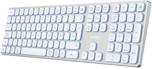 CoolBox Moonlight Clavier sans fil rechargeable pour Mac, Windows, Android, Linux, clavier silencieux, jusqu'à 4 appareils, corps en aluminium, rétro-éclairé (7 couleurs), membrane, blanc